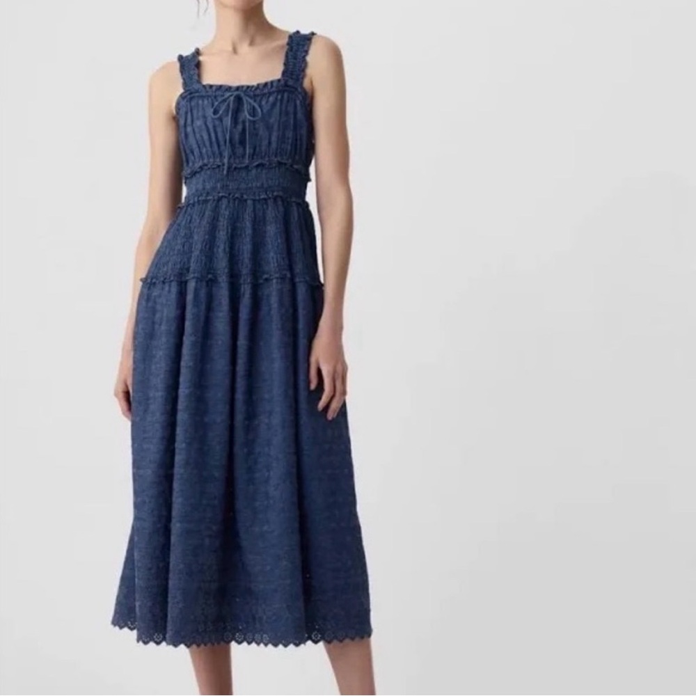 GAP x Dôen Denim Eyelet Smocked Midi Dress Size L